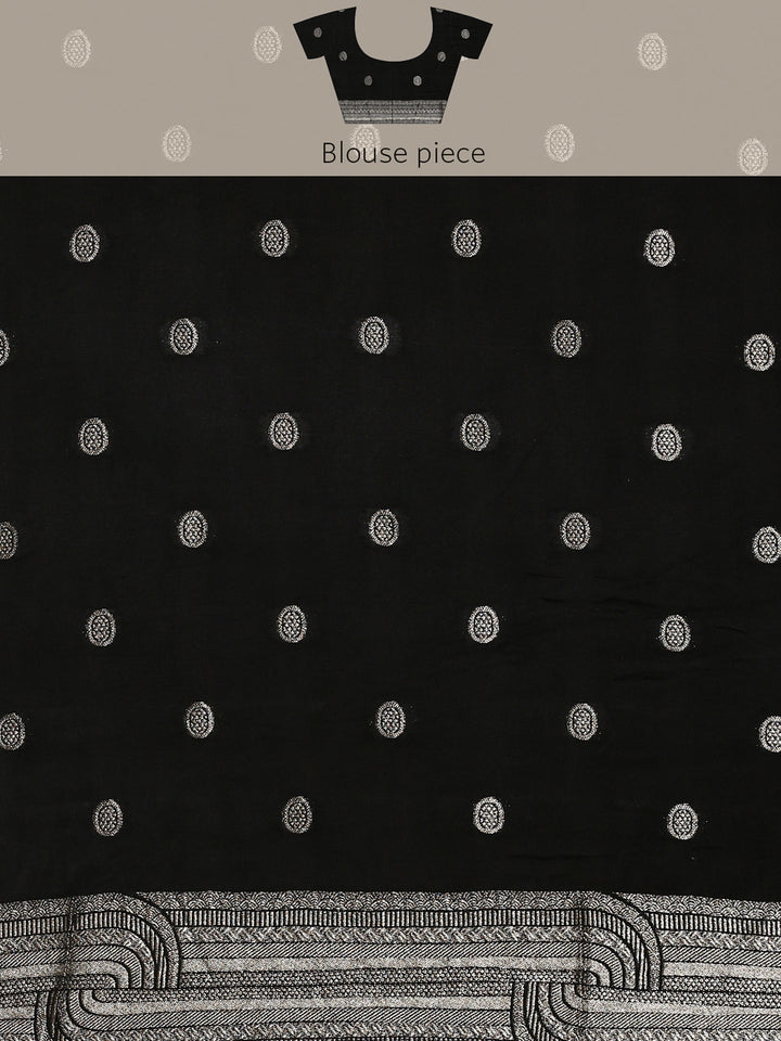 Black Banaras Silk Saree With Silver Zari Motifs & Border