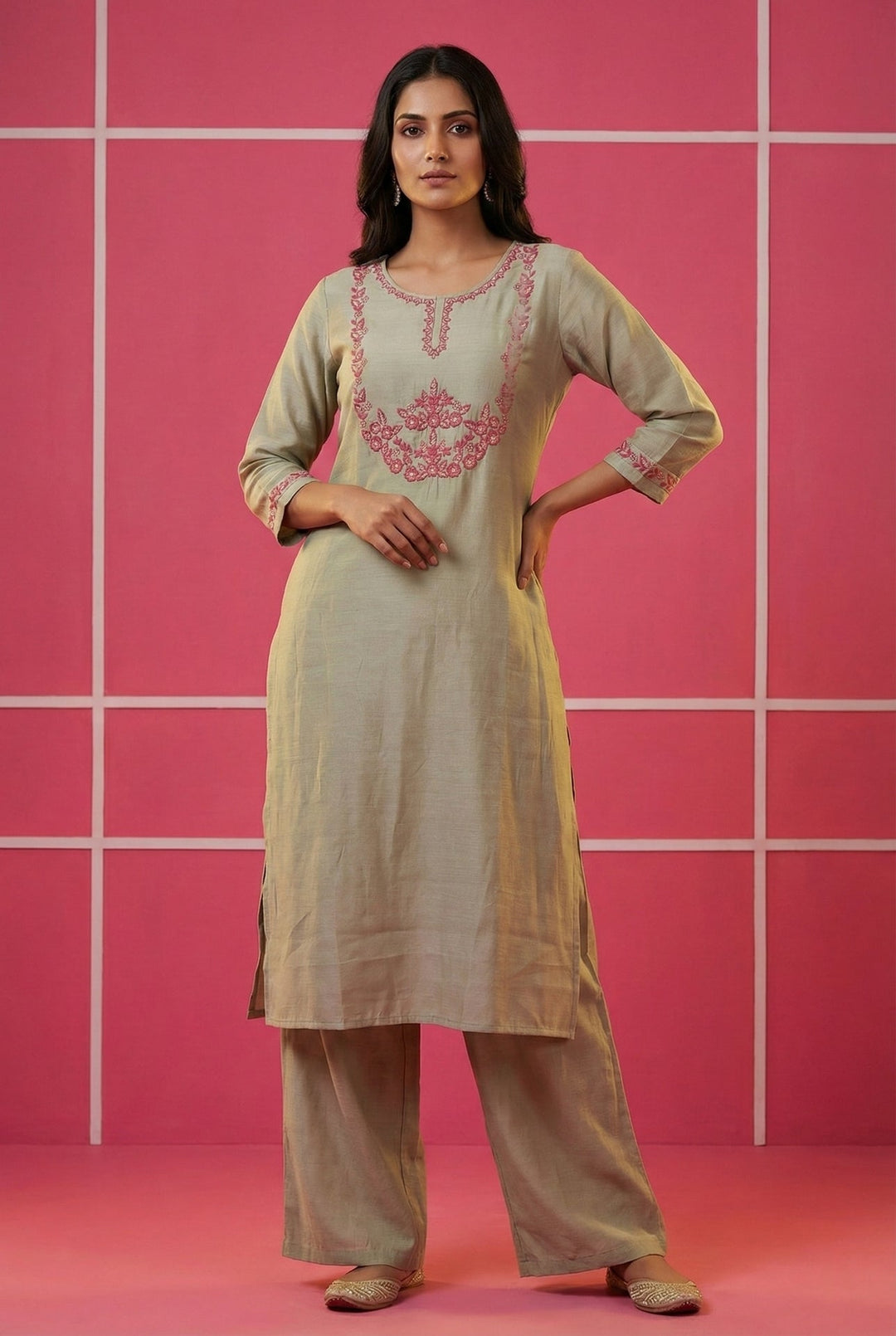 Neerus Grey muslin hand embroidered suit set - front view