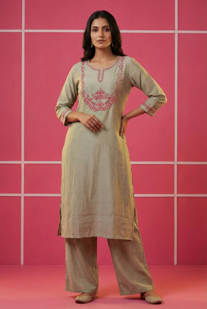 Neerus Grey muslin hand embroidered suit set - front view