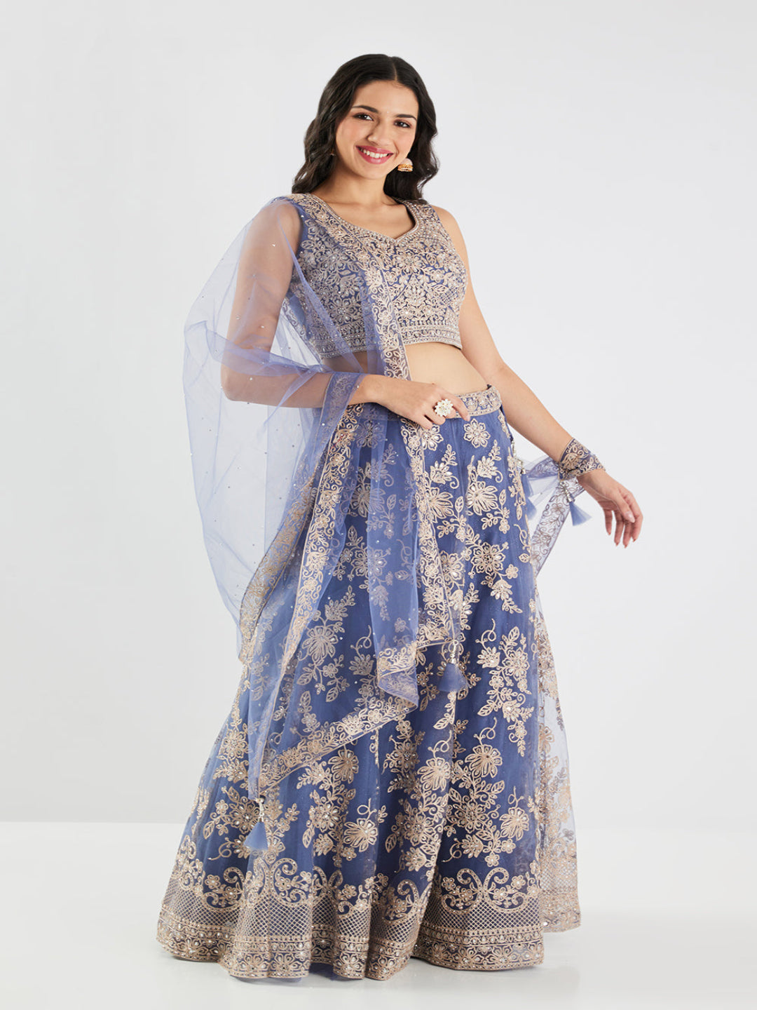 Neerus Blue net embroidered lehenga set - front view