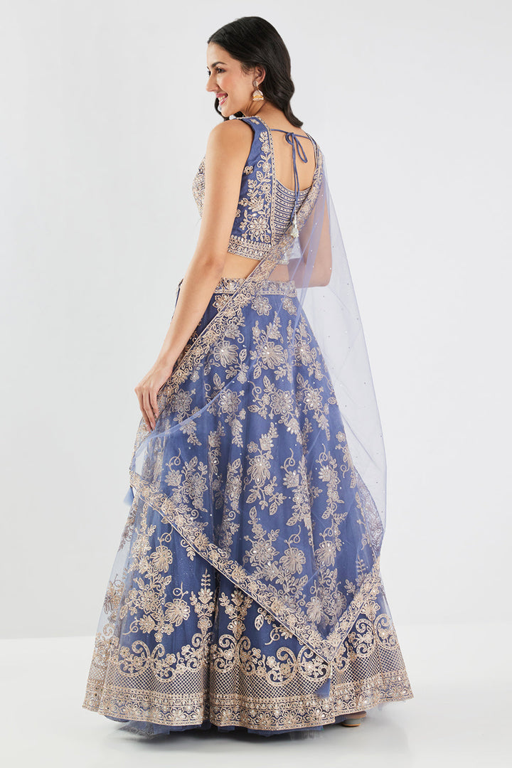 Neerus Blue net embroidered lehenga set - detail view 1