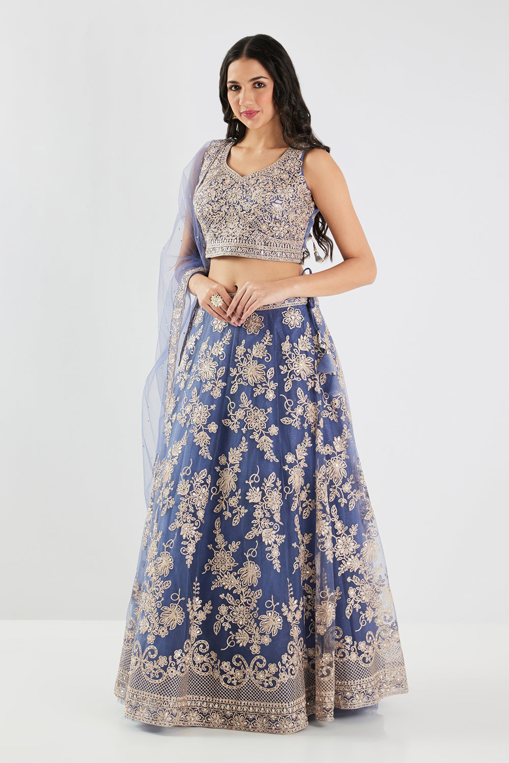 Neerus Blue net embroidered lehenga set - side view