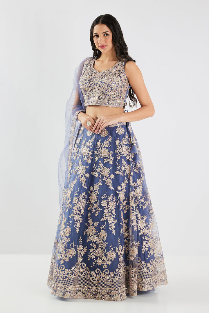 Neerus Blue net embroidered lehenga set - side view