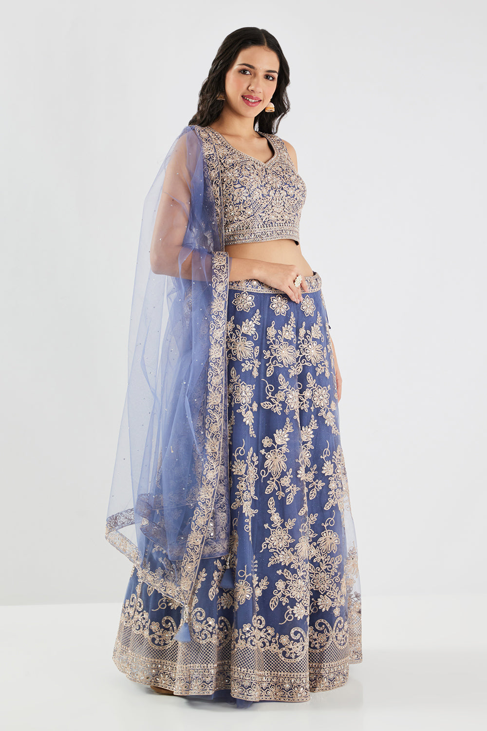 Neerus Blue net embroidered lehenga set - back view