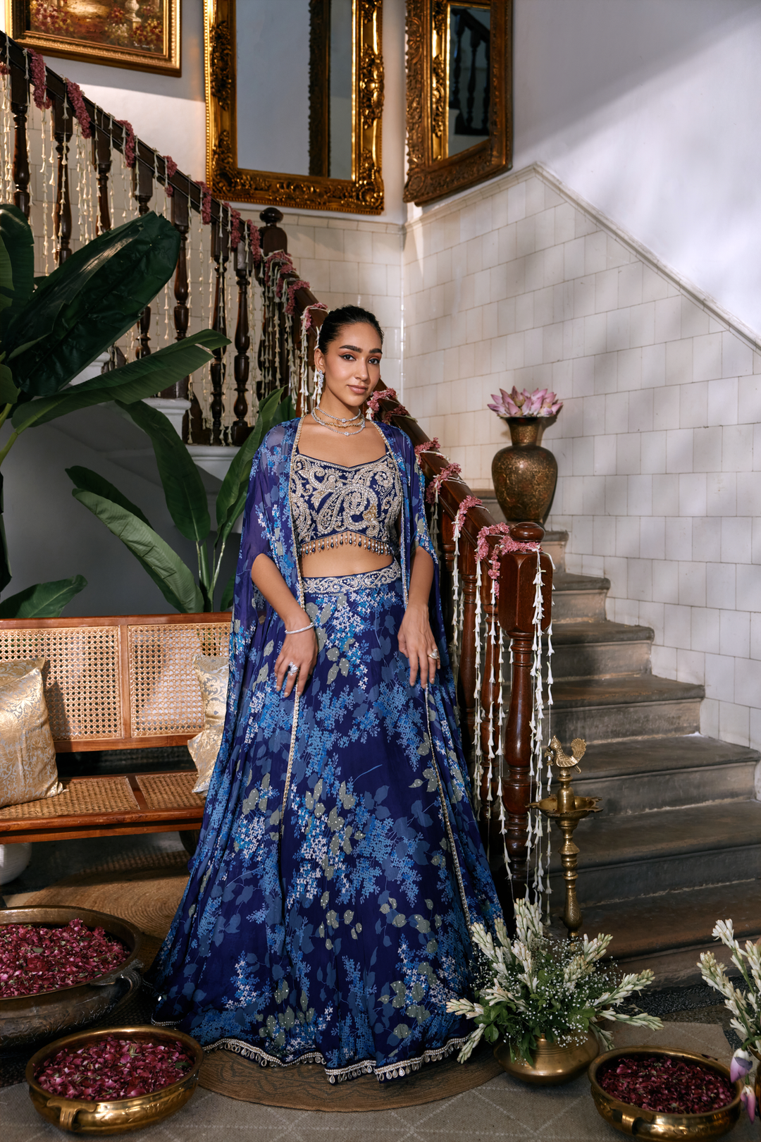 Neerus Blue Chinon jacket ghagra set - side view