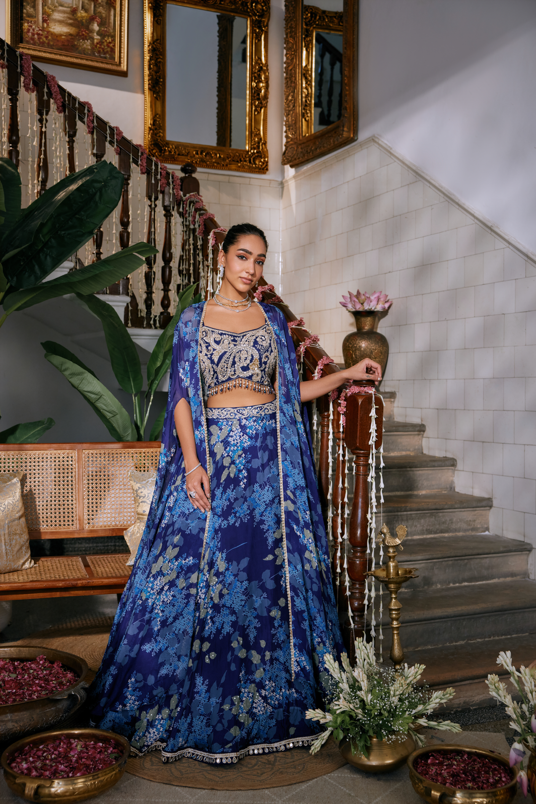 Neerus Blue Chinon jacket ghagra set - front view