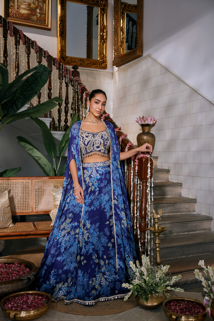 Neerus Blue Chinon jacket ghagra set - front view