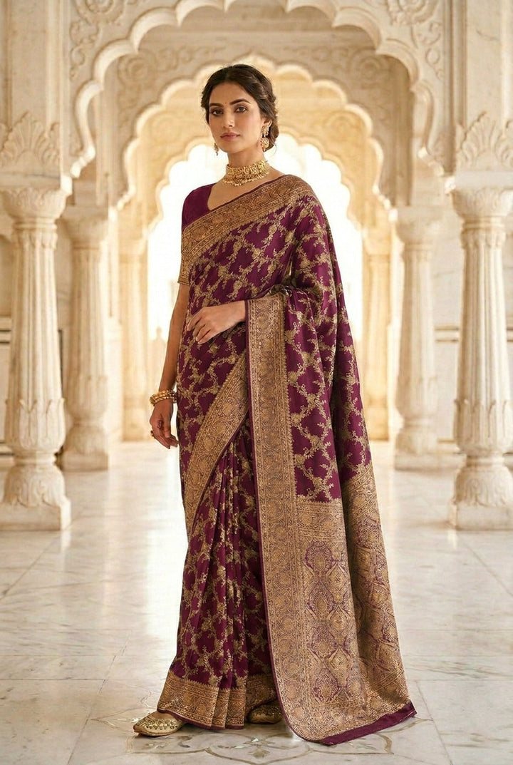 Neerus Maroon Banarasi woven pattu saree - front view