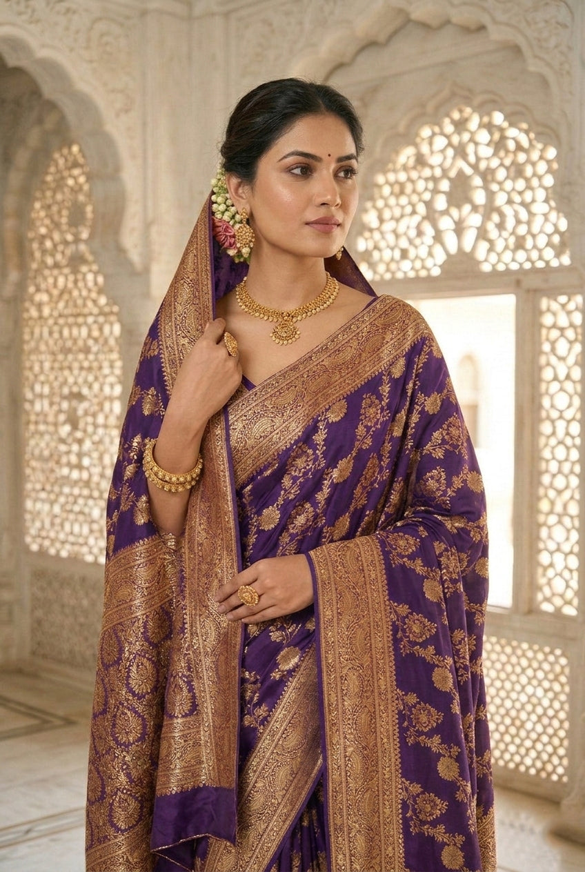 Neerus Purple Pattu Silk Woven Banarasi Saree - back view