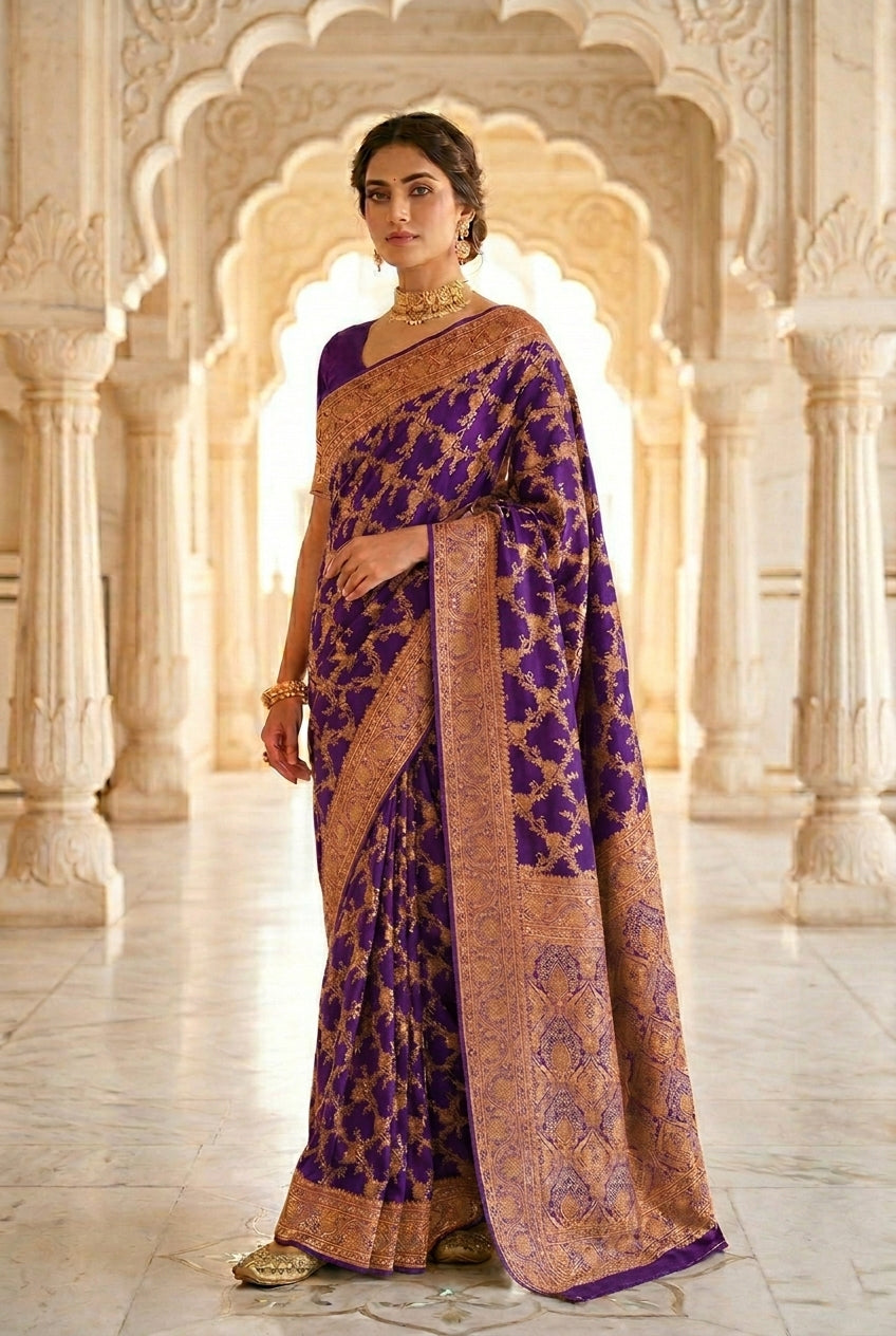Neerus Purple Pattu Silk Woven Banarasi Saree - front view