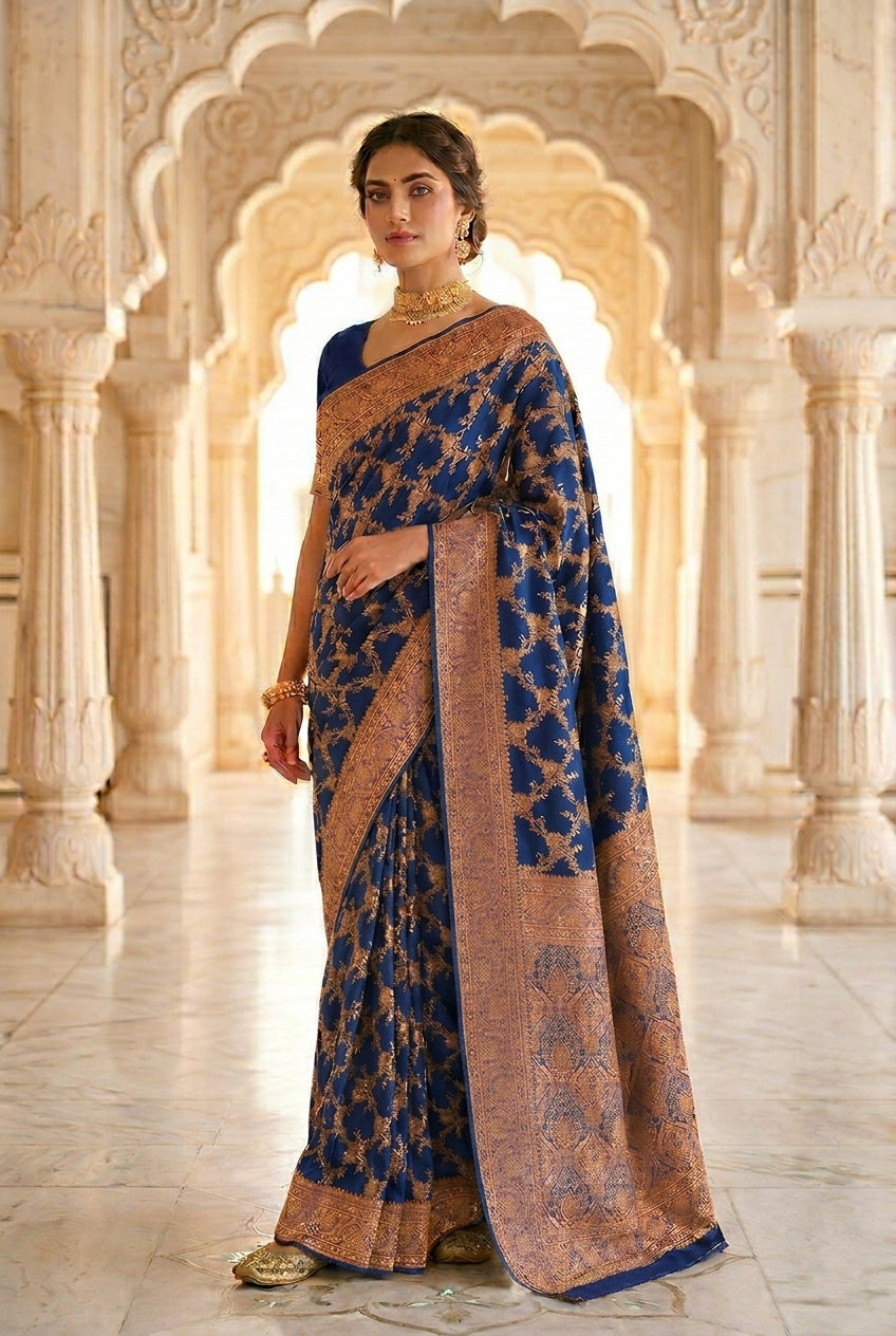 Neerus Blue Banarasi woven saree floral zari - front view