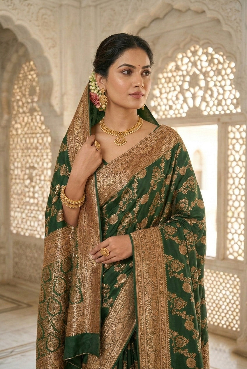 Neerus Green Banarasi woven Pattu Saree - back view