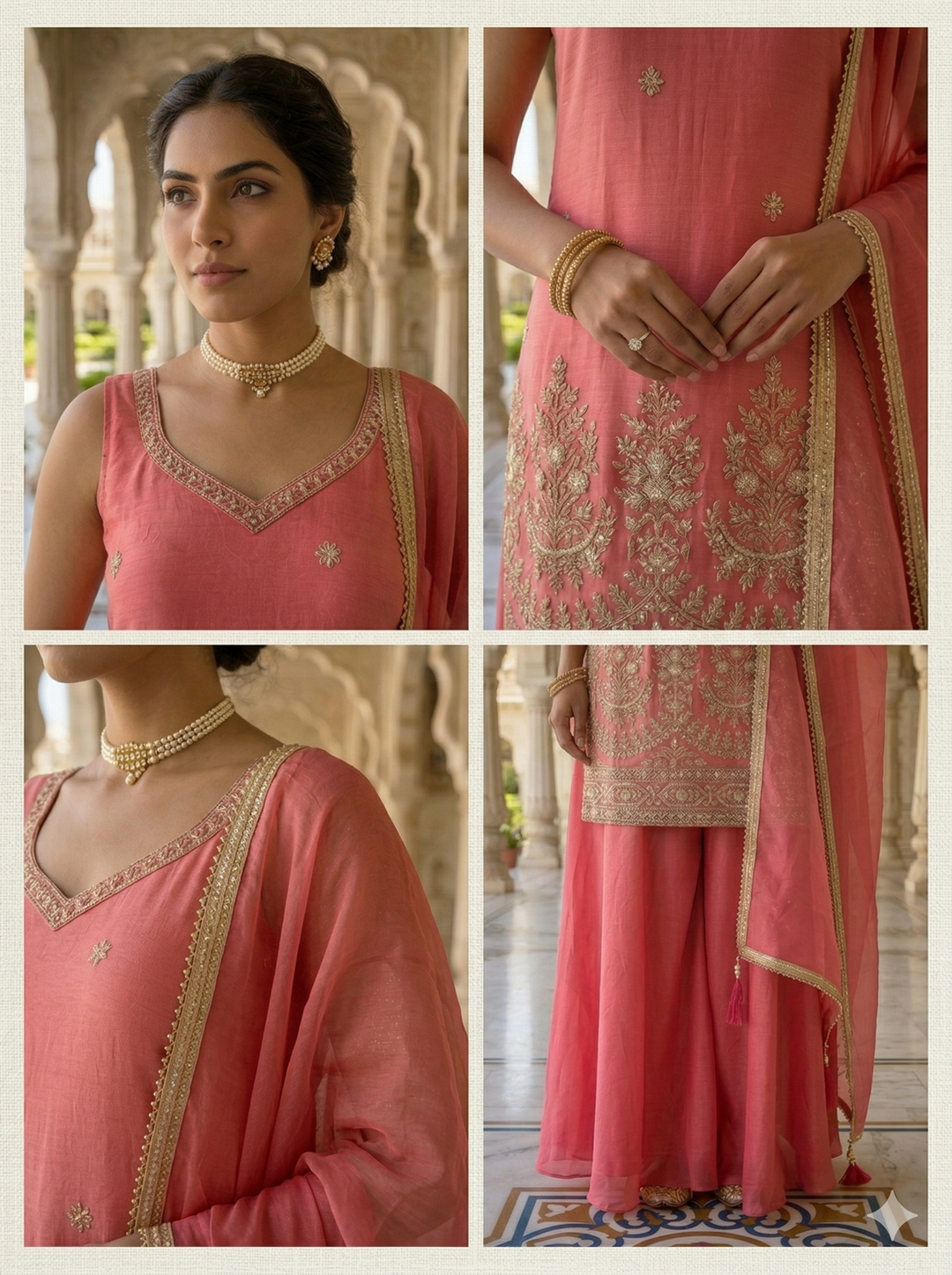 Neerus Pink tissue embellished suit set floral beadwork - detail view 2