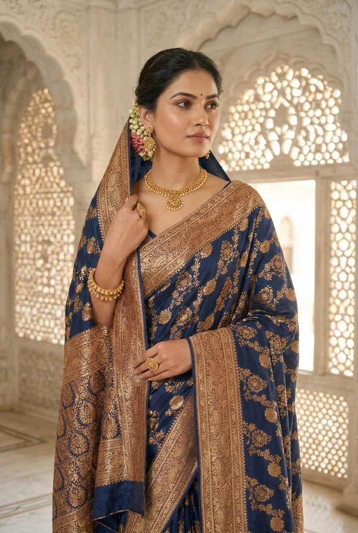 Neerus Blue Banarasi woven saree floral zari - back view