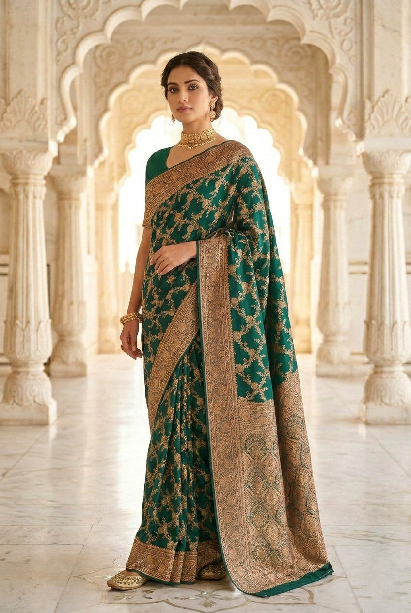 Neerus Green Banarasi woven Pattu Saree - front view