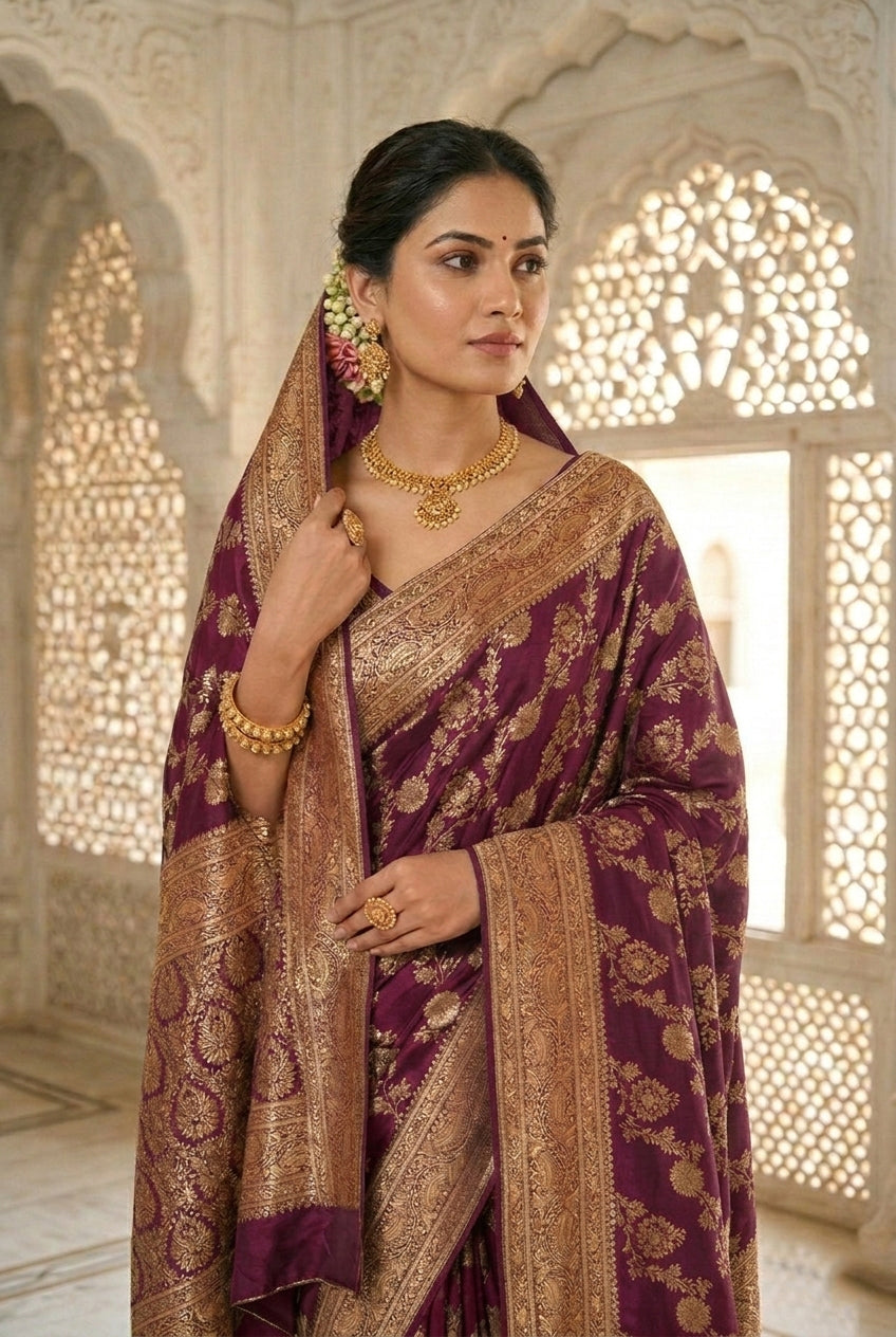 Neerus Maroon Banarasi woven pattu saree - back view