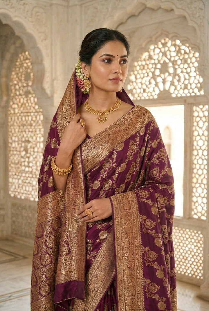 Neerus Maroon Banarasi woven pattu saree - back view