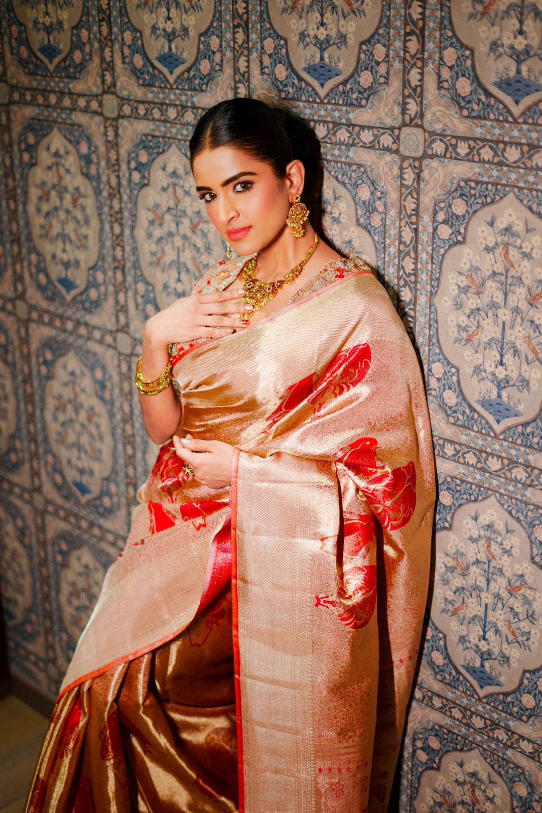 Neerus Gold silk woven saree - front view