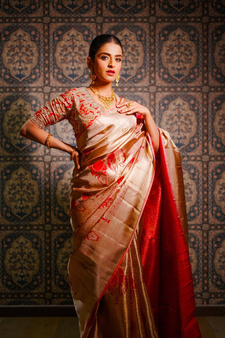 Neerus Gold silk woven saree - back view