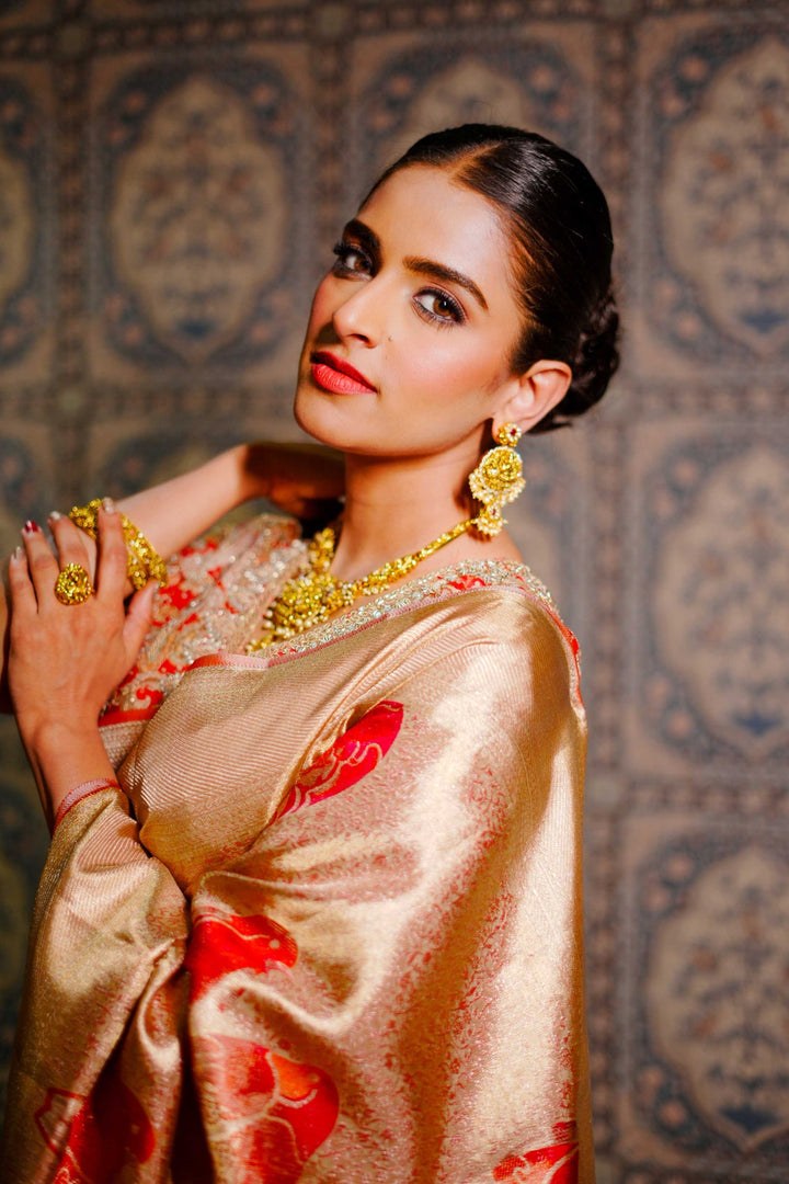 Neerus Gold silk woven saree - side view