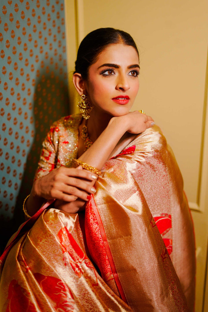 Neerus Gold Pure Silk Saree with Blouse