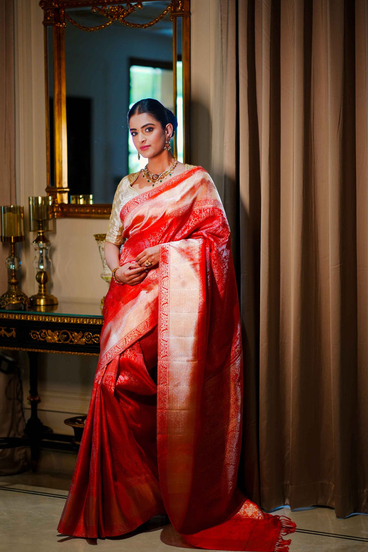 Neerus Red silk woven saree with blouse piece - front view