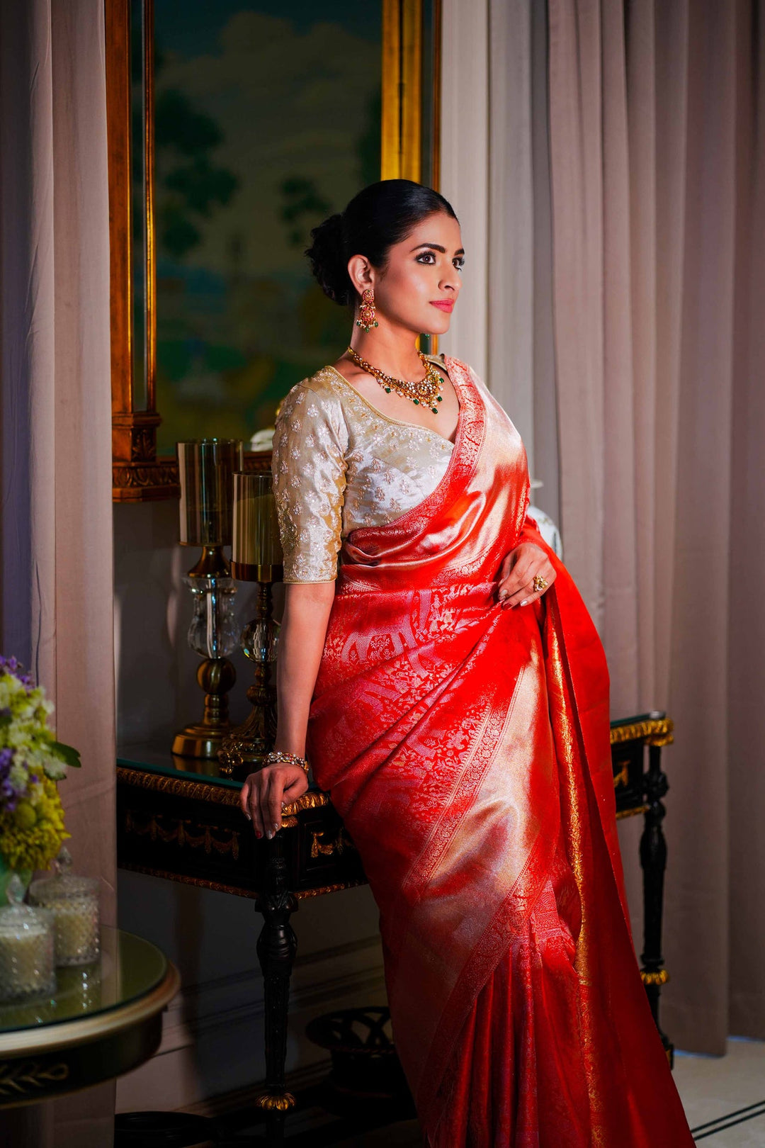 Neerus Red silk woven saree with blouse piece - side view