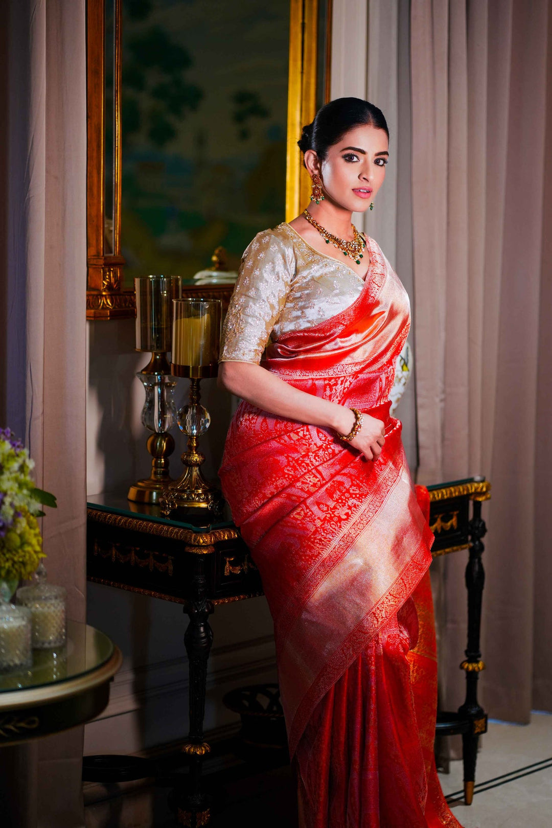 Neerus Red silk woven saree with blouse piece - detail view 1