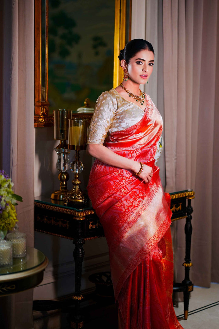 Neerus Red silk woven saree with blouse piece - detail view 1