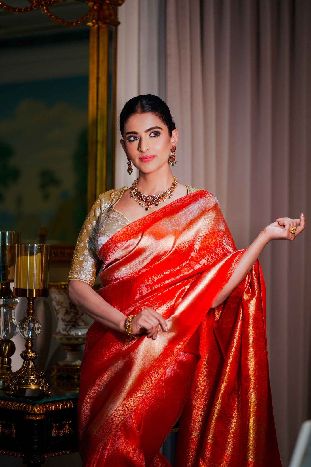 Neerus Red silk woven saree with blouse piece - detail view 2