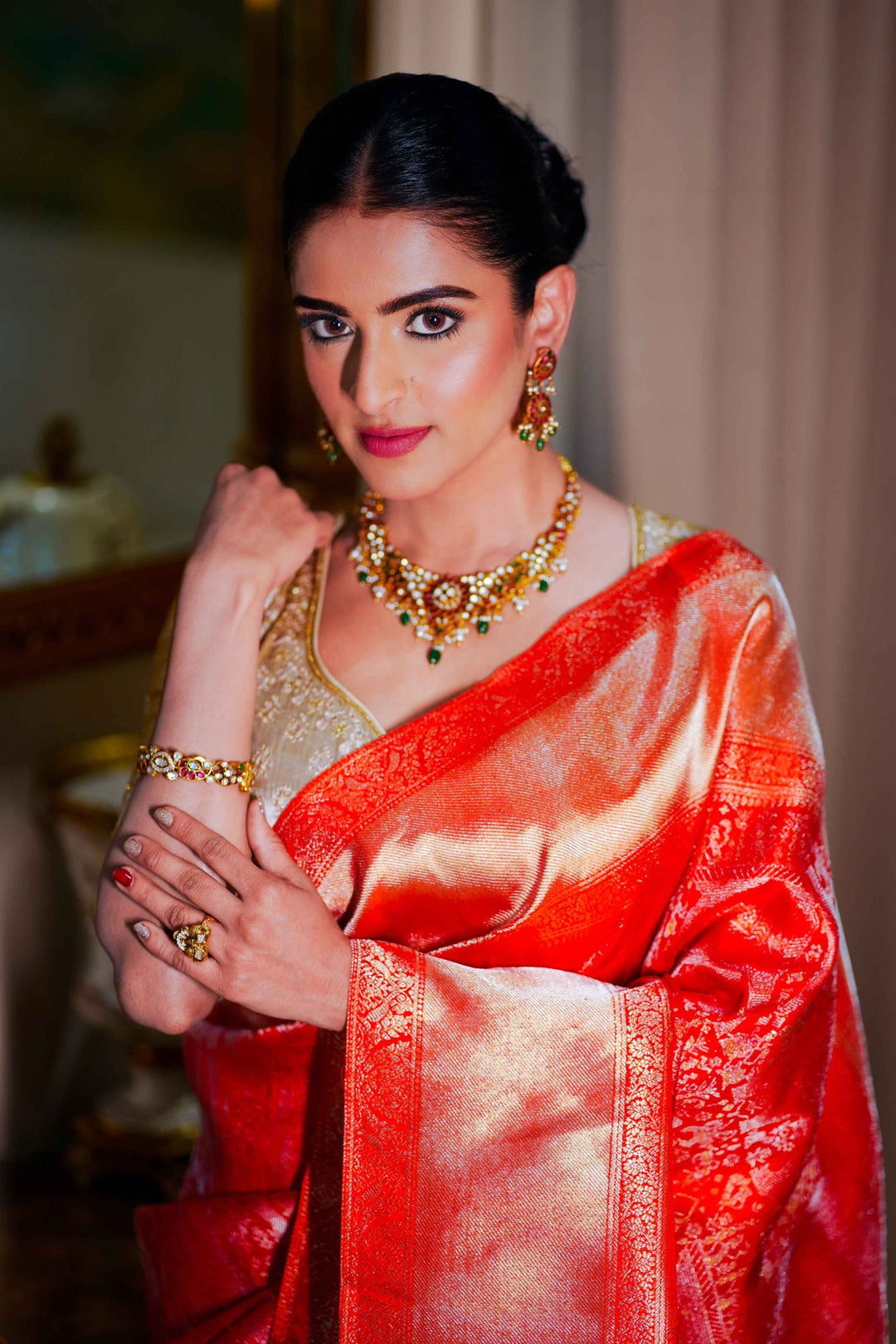 Neerus Red silk woven saree with blouse piece - detail view 3