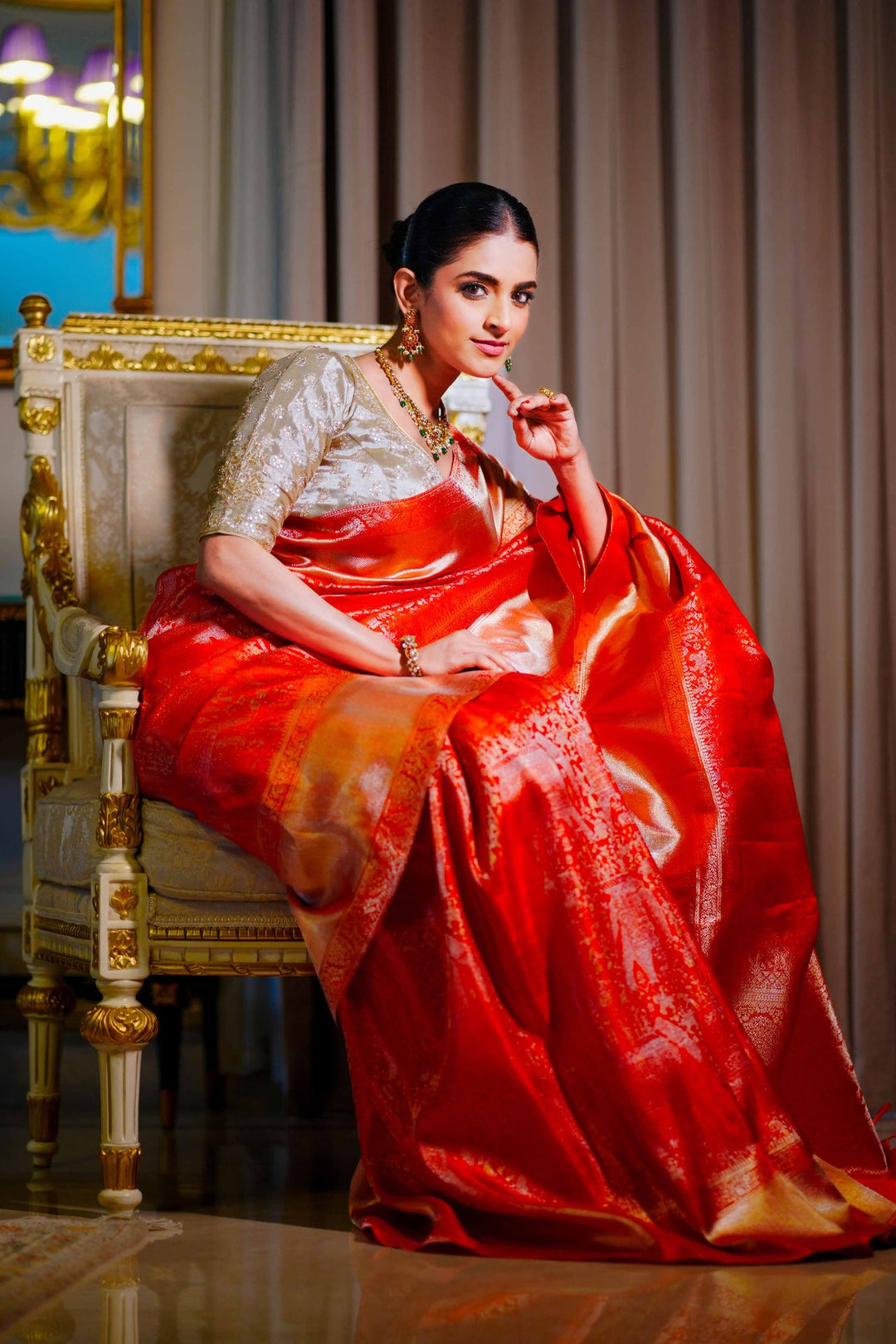 Neerus Red silk woven saree with blouse piece - detail view 4