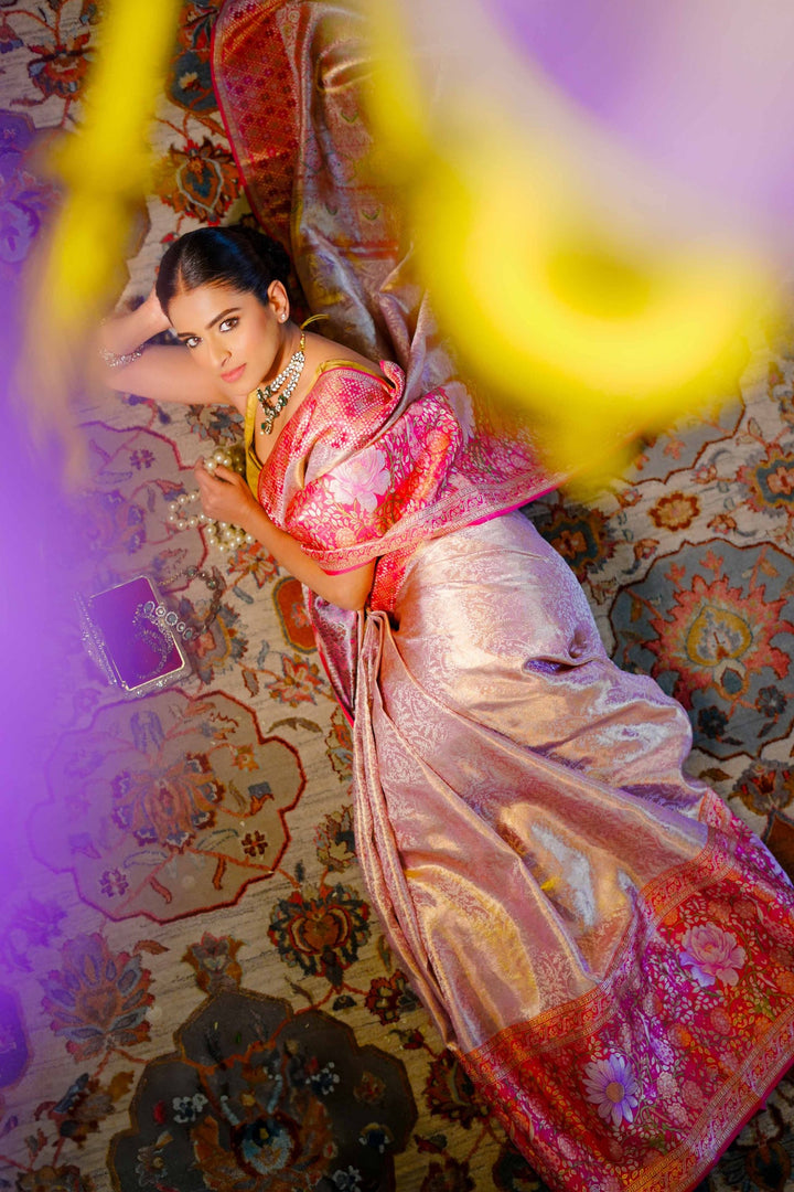 Neerus Gold silk woven saree - front view