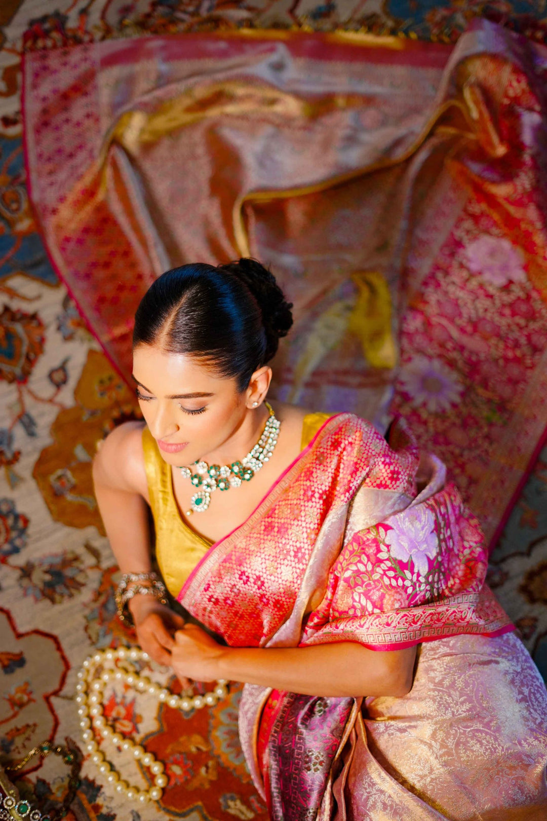 Neerus Gold silk woven saree - back view