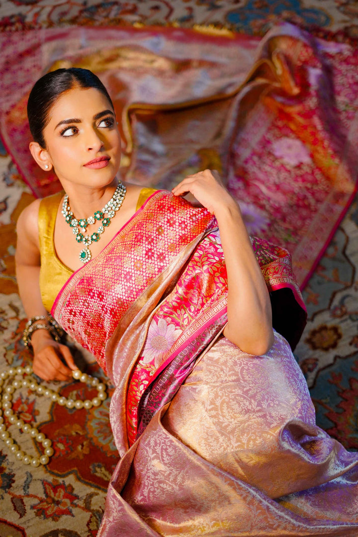 Neerus Gold silk woven saree - side view