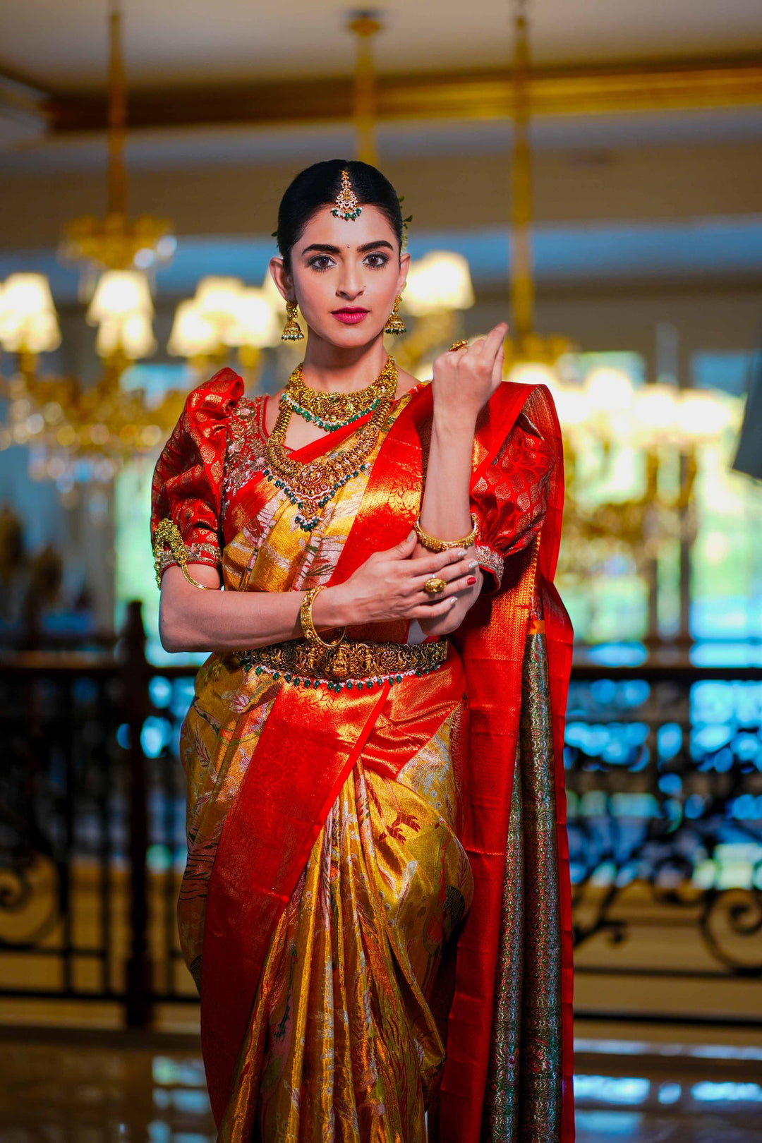 Neerus Gold silk woven saree - front view