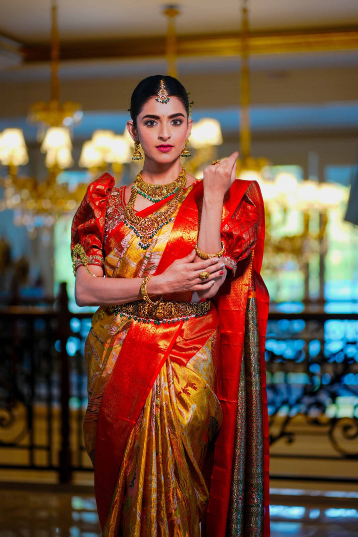 Neerus Gold silk woven saree - front view