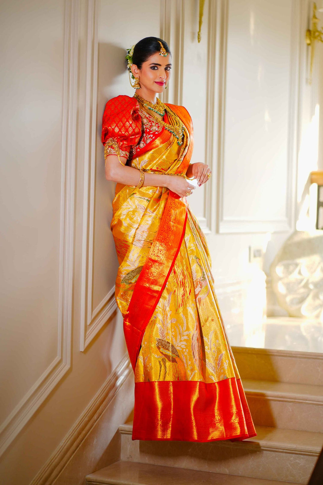 Neerus Gold silk woven saree - back view