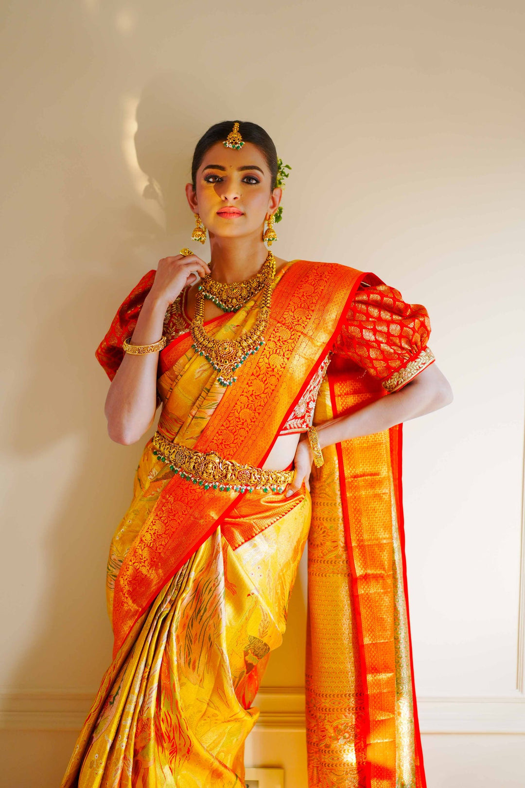Neerus Gold silk woven saree - side view