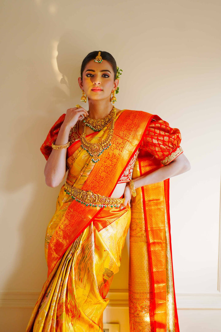 Neerus Gold silk woven saree - side view