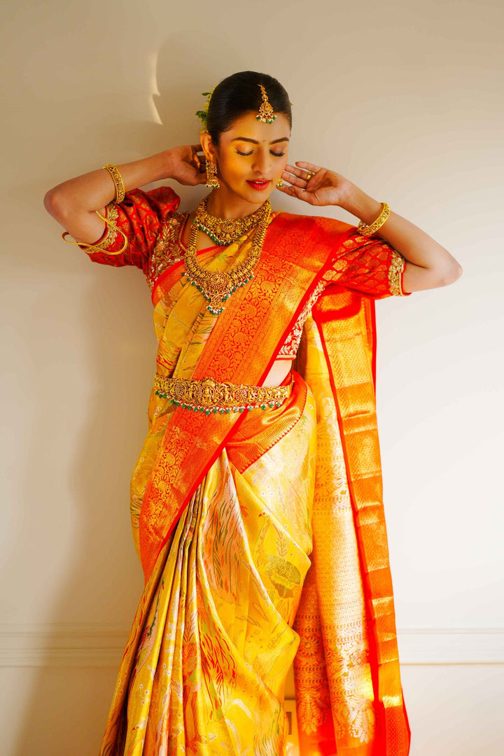 Neerus Gold Pure Silk Saree with Blouse