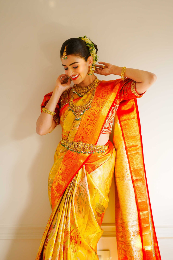 Neerus Gold Pure Silk Saree with Blouse