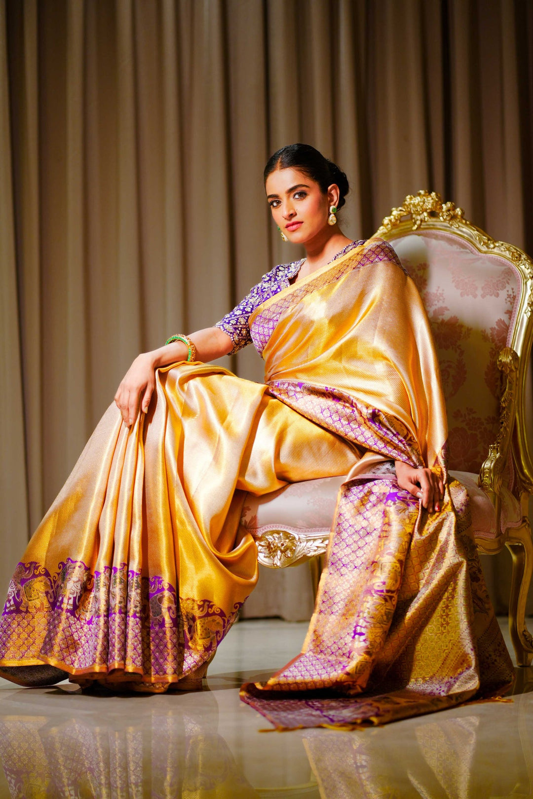Neerus Purple silk woven saree with blouse piece - back view