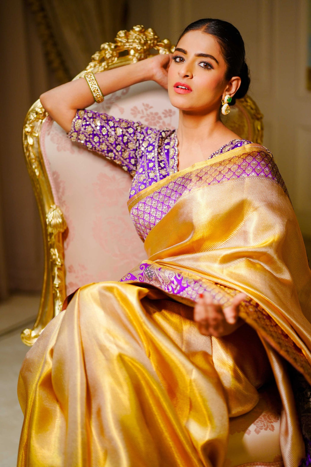 Neerus Purple silk woven saree with blouse piece - side view