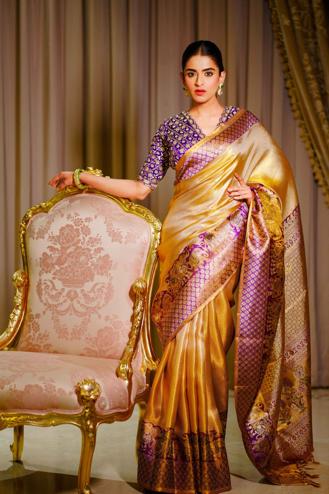 Neerus Purple silk woven saree with blouse piece - front view