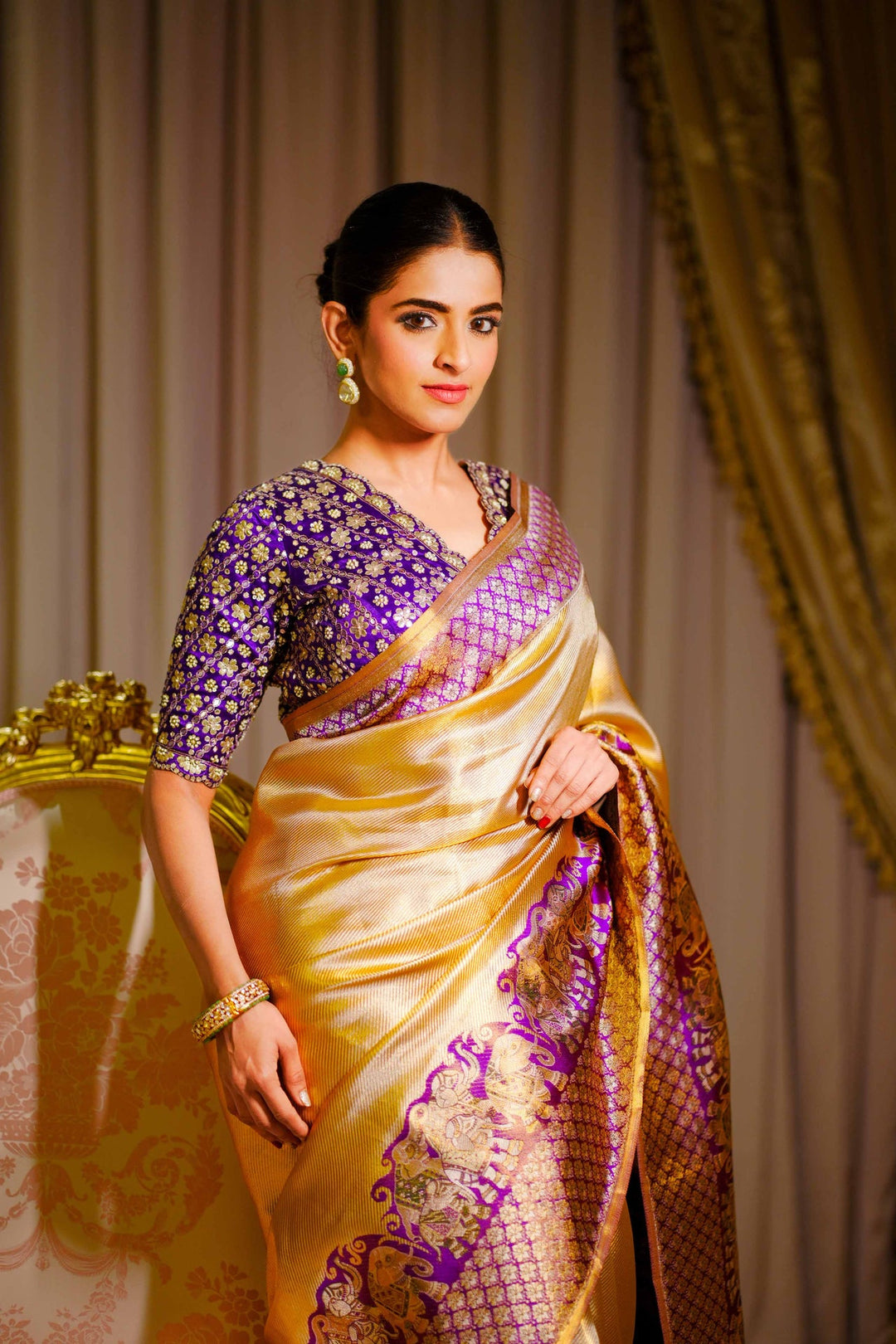 Neerus Purple silk woven saree with blouse piece - detail view 1