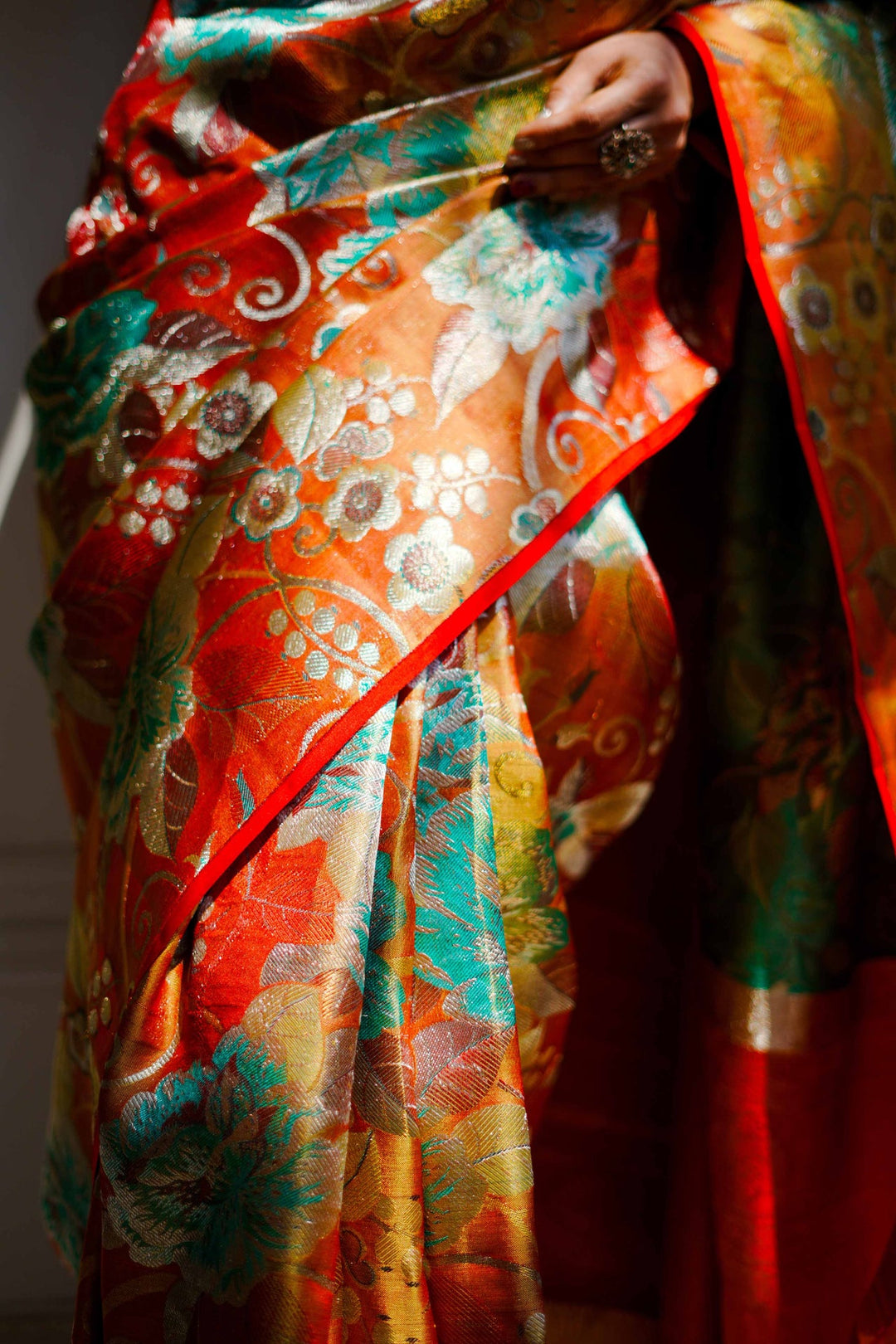 Neerus Orange silk woven saree - detail view 2