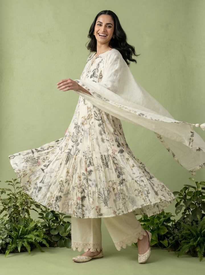 Cream Cotton Floral Printed Three Piece Set