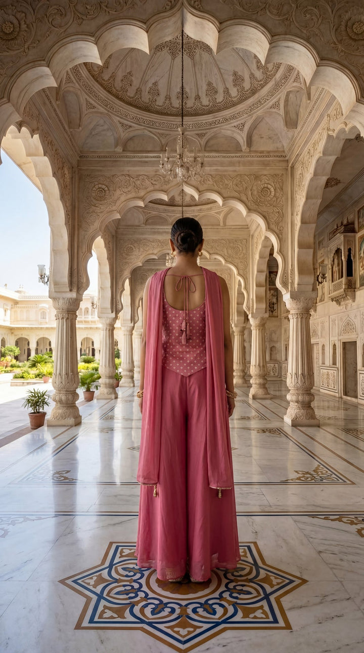 Onion Pink Tissue Thread And Beads Embroidery Kurti And Palazzo Set