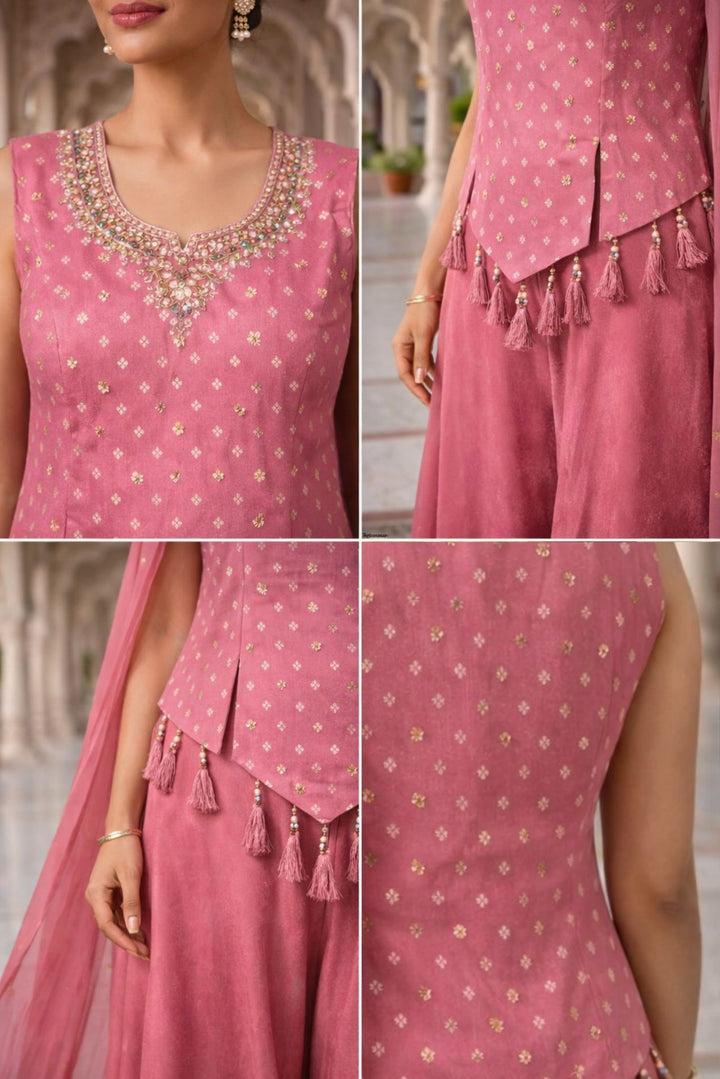 Onion Pink Tissue Thread And Beads Embroidery Kurti And Palazzo Set